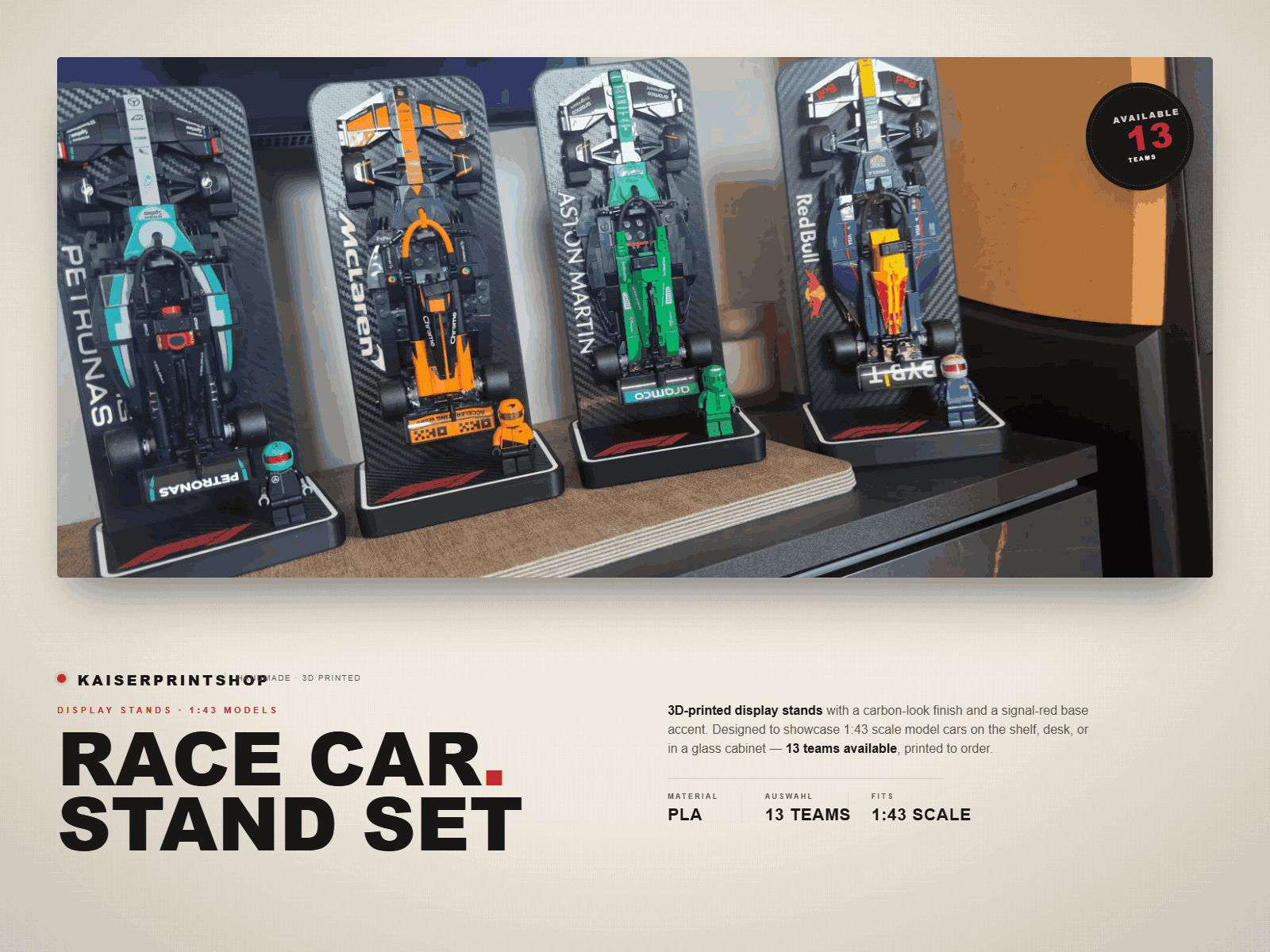F1 Display Stand für Klemmbaustein Rennwagen in Carbon Optik